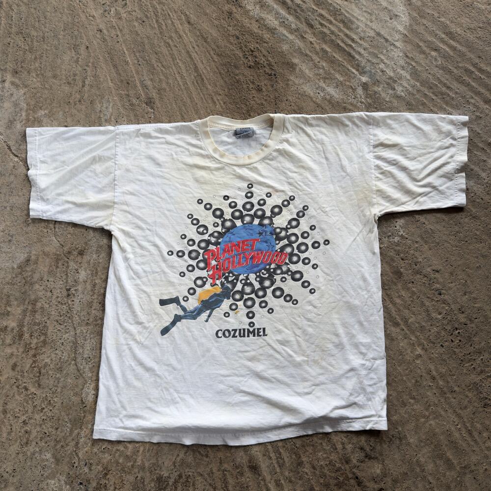 Vintage Planet Hollywood Cozumel Graphic T-Shirt Men's XL White 90s Distressed